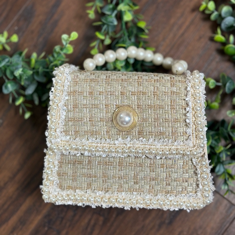 Women Tweed Pearl Purses/ Top Handle Chain Satchel Shoulder Bag